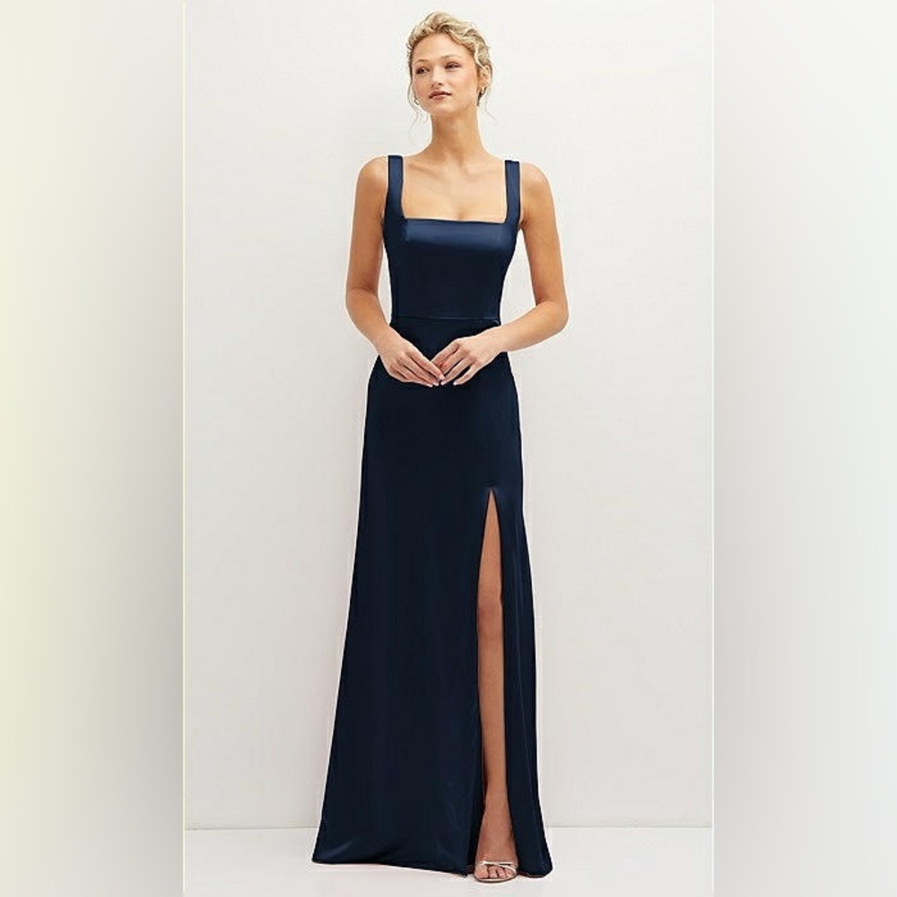 New Thread SQUARE-NECK SATIN A LINE MAXI DRESS WITH FRONT SLIT IN MIDNIGHT XS